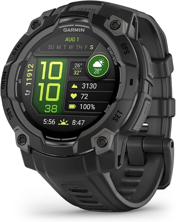 Montre connectée GPS Garmin Instinct 3 45 mm, écran AMOLED, robuste, applications sportives et suivi de santé intégrés, lampe de poche LED, résistante aux chocs, 10 ATM, jusqu'à 18 jours d'autonomie, noire