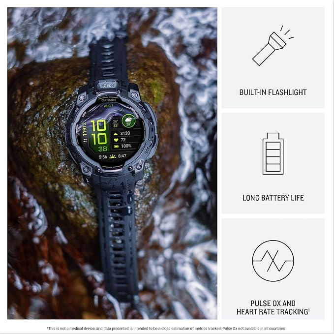 Montre connectée GPS Garmin Instinct 3 45 mm, écran AMOLED, robuste, applications sportives et suivi de santé intégrés, lampe de poche LED, résistante aux chocs, 10 ATM, jusqu'à 18 jours d'autonomie, noire
