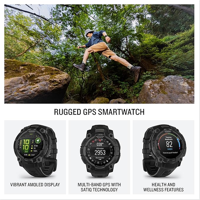 Montre connectée GPS Garmin Instinct 3 45 mm, écran AMOLED, robuste, applications sportives et suivi de santé intégrés, lampe de poche LED, résistante aux chocs, 10 ATM, jusqu'à 18 jours d'autonomie, noire